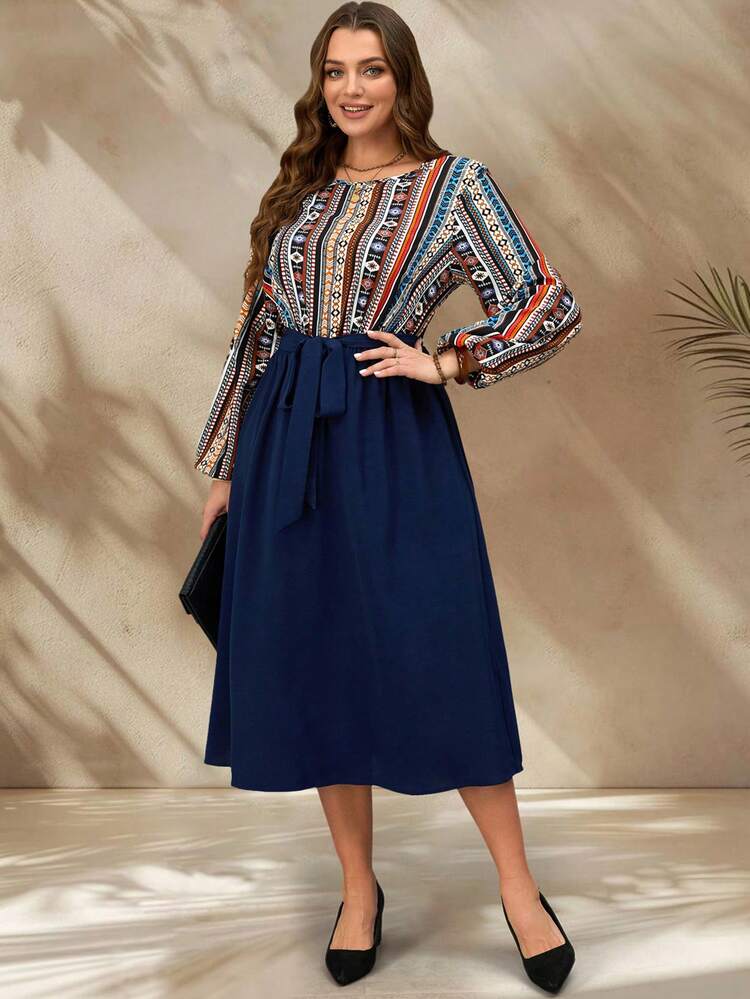 Plus Size Women's Geometric Print Lantern Sleeve Patchwork Elegant Dress,Winter Clothes For Women