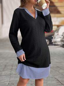 SHEIN LUNE Plus Size 2 In 1 Blue And White Ribbed Contrast Knitted Cord Casual Versatile Straight Collar Dress For Women - Black - View 1