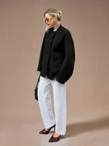 Forever 21 Fall & Winter Women's Black Collared Women Clothing Elegant Women Coat Long Sleeve New Years Summer Women Winter Coat Holiday Thanksgiving Elegant New Year Eve Christmas Warm Comfortable Essential Oversize Coat - Black - View 3