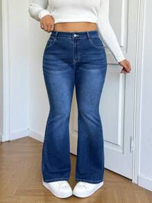 SHEIN PETITE CURVE Frauen Große Größen Blau Jeans Schlaghose mit Kreuz Stickerei Muster - Blau - Übersicht 5