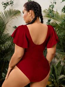 Swim Lushoire 2025 Plus Size Women Solid Color Ruched Sleeve Ruched One-Piece Swimsuit Summer - Burgundy - View 2