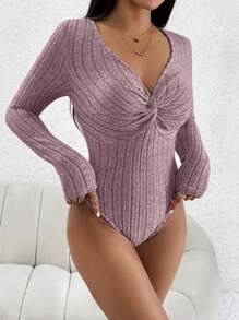 SHEIN PETITE Ribbed Knit Twist Front Spring Women Bodysuit - Dusty Purple - View 6