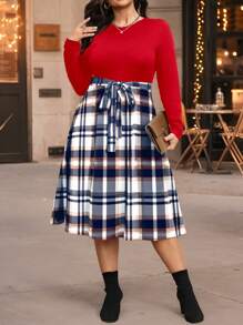 SHEIN Clasi 大码女式拼布格子下摆圆领长袖优雅连衣裙长款女装