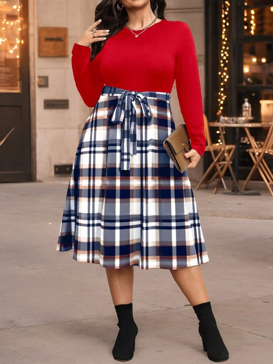 SHEIN Clasi 大码女式拼布格子下摆圆领长袖优雅连衣裙长款女装