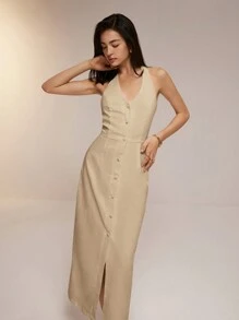 Poéselle Women's Solid Color Single-Breasted Long Elegant Halter Dress, Autumn - Khaki - View 4