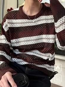 Manfinity CasualKnits 男士休闲撞色条纹镂空针织毛衣，秋冬 - 彩色 - 查看 8