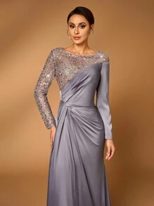 Serin 优雅奢华深灰色蕾丝刺绣缎面褶皱长袖美人鱼连衣裙，适合婚礼、派对、度假、联欢会、新娘送礼会活动、新娘母亲 - 深灰色 - 查看 6