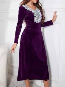 Modelyn Elegant Minimalist V-Neck Ruffle Tie Velvet Dress Maxi Women Outfit Long Evening Dresses - Purple - View 1