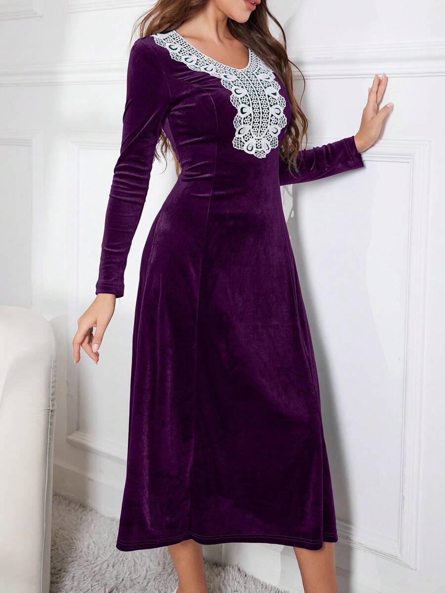 Modelyn Elegant Minimalist V-Neck Ruffle Tie Velvet Dress Maxi Women Outfit Long Evening Dresses - Purple - View 1