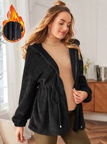 SHEIN Maternity Solid Color Front Zip Up Long Sleeve Hoodie Casual Jacket - Black - View 1