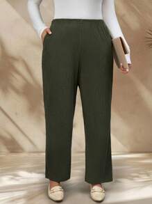 EMERY ROSE Plus Size Women Solid Color Elastic Waist Pockets Casual Pants, Winter Clothes For Women - Army Green - View 2