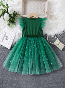 SHEIN Glamorique Kids Young Girl Round Neck Patchwork Sequin Mesh Cap Sleeve Waist Bow Cute Dress