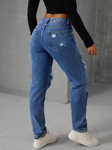 SHEIN Tall Quần jean cargo ống rộng màu trơn, rách rưới, túi xéo. - Màu xanh lam - Xem 2