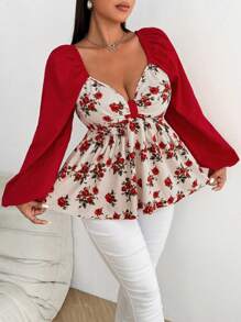 Flirla Damen Große Größen elegante Schleifen-Puff-Ärmel Taille Hoch A-Linie Shirt, süß & niedlich, Herbst/Winter Peplum Top - Verschiedenfarbig - Übersicht 3