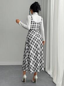 Elenzga Váy midi dệt kim co giãn không tay kẻ sọc đỏ Giáng sinh có eo dành cho nữ, đa năng cho trang phục Maxi mùa thu/đông dành cho nữ - Đen và trắng - Xem 2