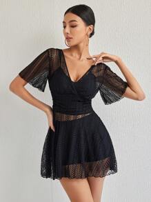Women's Solid Color V-Neck Mesh Short Sleeve Casual Swimsuit Cover Up Dress For Vacation Summer