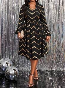 SHEIN Lady Plus Size Vrouwen V-hals Metallic Golvende Gestreepte Flare Mouw Elegante Mid-Lengte Jurk, Herfst/Winter