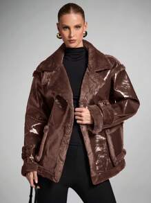 SHEIN BAE 女士冬季蓬松领落肩长袖 PU 皮革休闲夹克冬季酒红色复古外套秋季女装万圣节风俗女猫女服装外套红色皮夹克毛皮集成温暖舒适柔软，适合外出通勤或聚会等各种场合 - 咖啡棕 - 查看 4