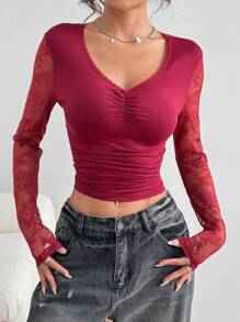 Flirla Women Contrast Lace V-Neck Long Sleeve Ruffle Hem Fitted Fashion T-Shirt, Autumn