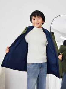 Tween 男童休闲拼色加垫拉链连帽冬季加厚绗缝外套 - 綠色 - 查看 4