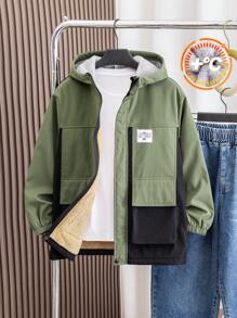 SHEIN Leap Crew Áo khoác chắp vá có mũ trùm đầu cho bé trai tuổi teen thích hợp cho đi làm, đi học, mặc thường ngày, đi chơi, thể thao, phù hợp cho mùa thu đông - xanh quân đội - Xem 7