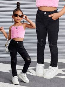 SHEIN 年轻女孩的黑色牛仔破洞弹力裤，酷炫服装/女孩感恩节服装，女孩秋冬服装