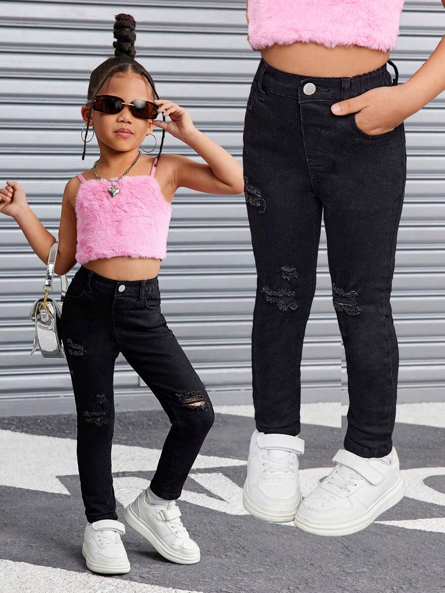 SHEIN 年轻女孩的黑色牛仔破洞弹力裤，酷炫服装/女孩感恩节服装，女孩秋冬服装