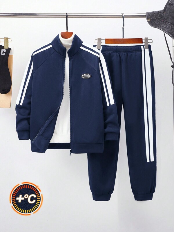 SHEIN 2pcs Kids Tween Boys' Casual Sports Jacquard Collar Cardigan Sweater And Contrast Trim Pants Set, Fall/Winter