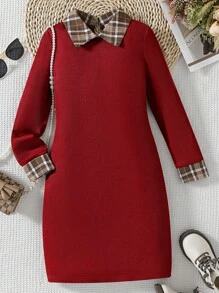 Vestido elegante de manga larga ajustado para ir al trabajo, estilo vintage de patchwork a cuadros, se puede usar como prenda exterior o como capa en otoño/invierno