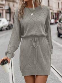 SHEIN LUNE Plus Size Women's Elegant Casual Daily Commute Autumn Winter Round Neck Drop Shoulder Pattern Waist Drawstring Loose Black Sweater Dressbusiness Casual Woman,Holiday Outfits,Country Tops - Grey - View 7