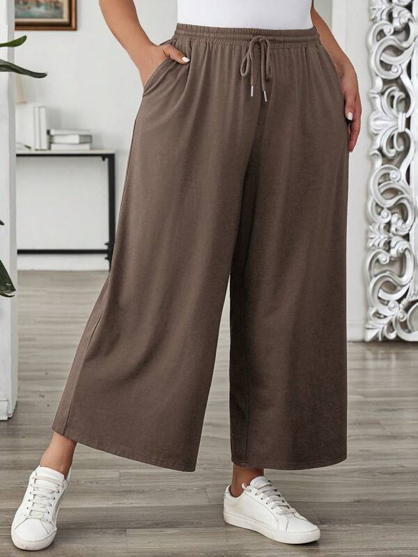 EMERY ROSE Plus Size Women's Solid Color Drawstring Wide Leg Loose Casual Summer Outfits Pants