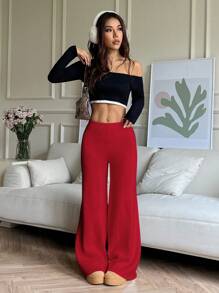 SHEIN EZwear Pantalones de suéter rectos, holgados y casuales con acolchado y calientitos para mujeres