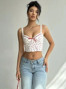 Aloruh T-shirt femme sexy et romantique avec imprimé cœur en dentelle et nœud, Top court ajusté, débardeur mignon style Y2K en dentelle, tenue pour Noël et Nouvel An