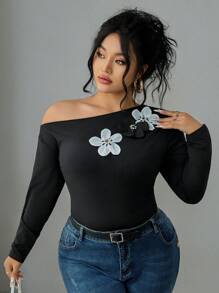 Flirla Damen Große Größen Schwarz & Weiß Blumen Schulterfreies Langarm T-Shirt Grafik Oberteile Damen für den Frühling