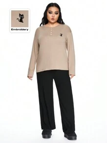 ROMWE Kawaii Plus Size Knit Ribbed Casual Lounge Pants & Long Sleeve Pajama Set - Multicolor - View 1