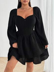 Vionelle Plus Size Sweet Square Neck Ruffle Hem Puff Dress Fall Cloth For Women - Black - View 7