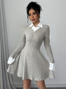 Gloray Vestido de mujer elegante y casual de minimalista, versátil para uso diario, de 2 en 1, de manga larga, corte evasé, cintura elástica, material de terciopelo, unicolor, para otoño/invierno