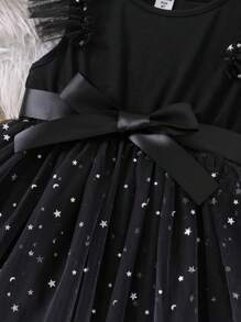 SHEIN Glamorique Kids Young Girl Fashion Party Star Mesh Overlay Dress - Black - View 3