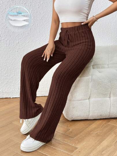 SHEIN Frenchy Knot Waist Ribbed Knit Pants Winter Chic Brown Casual Spring