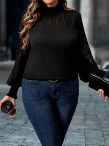 Rometta Plus Size Women's Swiss Dot Print High Neck Lantern Sleeve Top Fall Cloth For Women