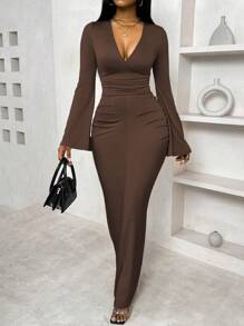 VaVaBold Flare Sleeve Deep V-Neck Waist Ruched Dress - Coffee Brown - View 1