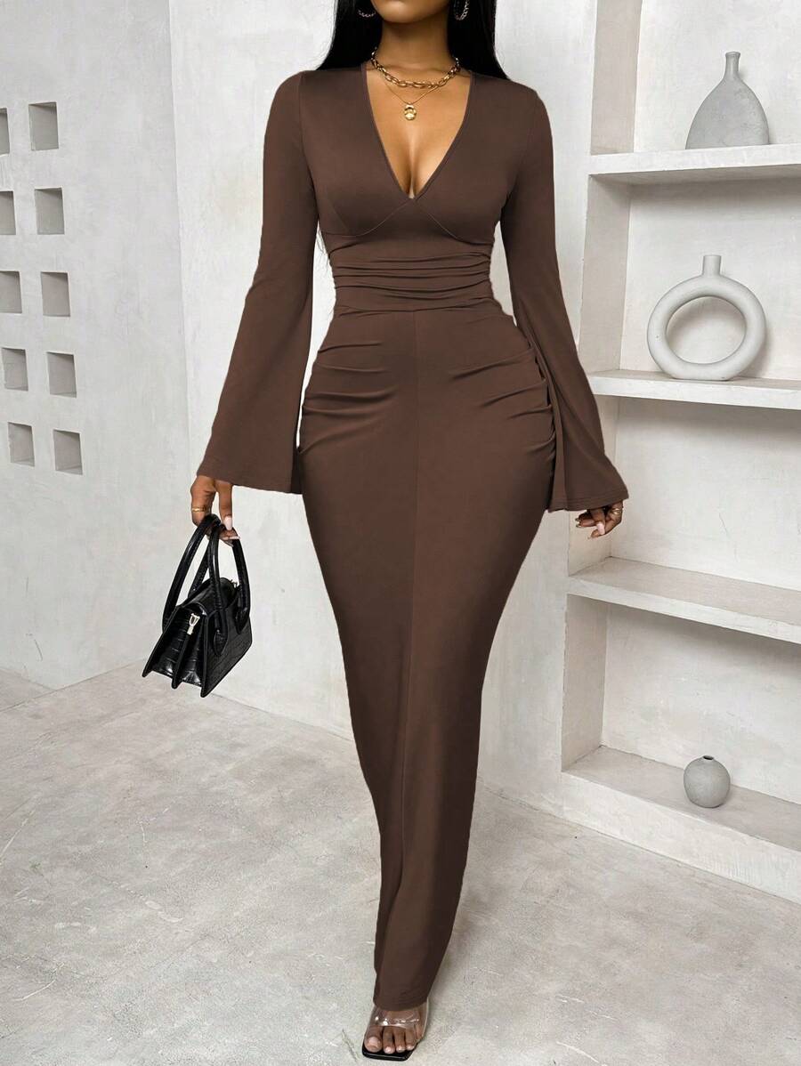 VaVaBold Flare Sleeve Deep V-Neck Waist Ruched Dress - Coffee Brown - View 1