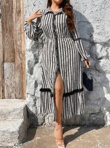 SHEIN Clasi Vestido elegante de manga larga con parches de rayas, encaje negro y talla grande, adecuado para el otoño/invierno, Navidad, Halloween, Año Nuevo - Blanco y Negro - Ver 4