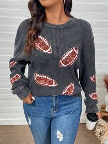 SHEIN LUNE 加大码女式足球图案圆领落肩长袖运动衫，秋冬休闲装，感恩节新年女装，女士热卖