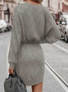 SHEIN LUNE Plus Size Women's Elegant Casual Daily Commute Autumn Winter Round Neck Drop Shoulder Pattern Waist Drawstring Loose Black Sweater Dressbusiness Casual Woman,Holiday Outfits,Country Tops - Grey - View 2