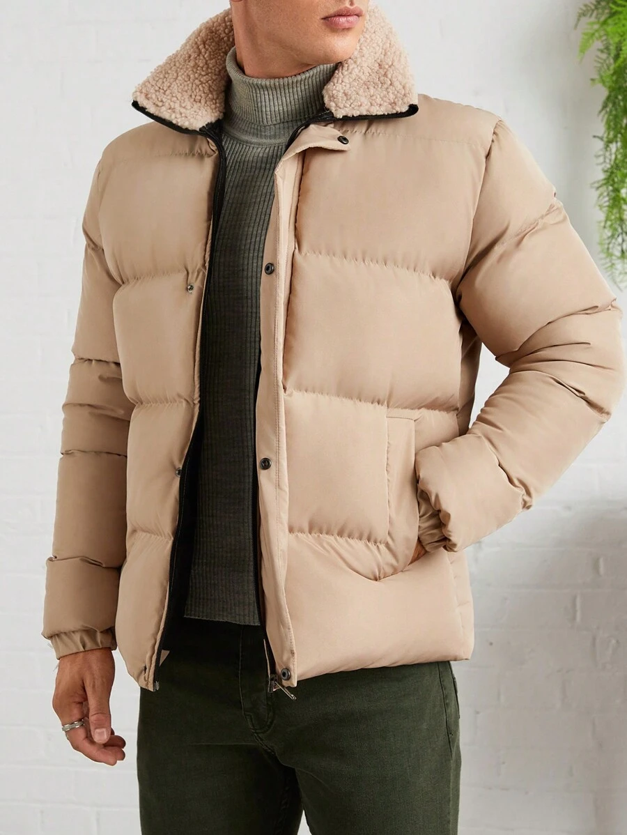 RueChic Men Fur Collar Regular Slant Pocket Padded Coat - Beige - View 1