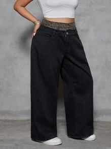 SHEIN ICON Jeans décontractés, amples et polyvalents pour femmes grandes tailles avec patchwork, insert léopard et poches - Noir - Voir 5