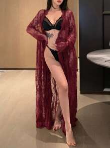 DAZY Romantic Lace Long Waist-Cinched Semi-Sheer Robe Pajama - Burgundy - View 4