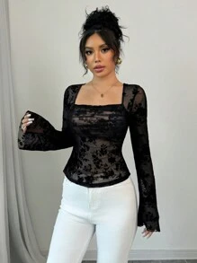 Elenzga Women's Floral Flocked Mesh Square Neck Long Sleeve Elegant T-Shirt For Spring