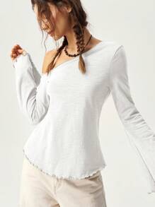Bohemela Vacation Casual Solid Color Asymmetrical Neck Bell Sleeve T-Shirt